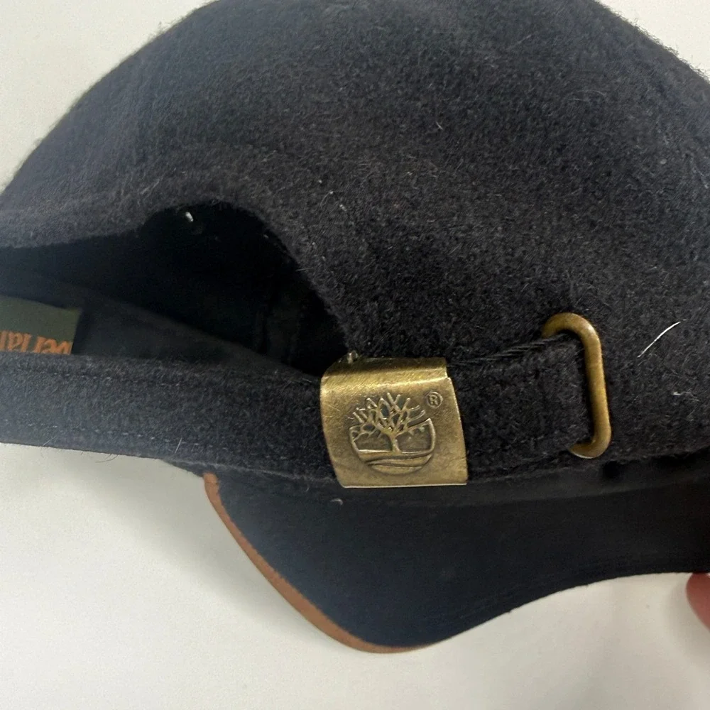 Timberland Baseball Cap Wool Leather Brim Black Strapback Logo Casual Outdoor OS